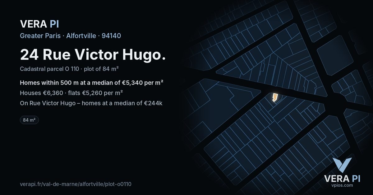 24 Rue Victor Hugo, Alfortville at night – the plot lit, the parcels around coloured by the prices near them