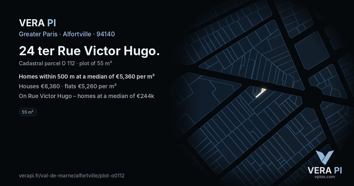 24 ter Rue Victor Hugo, Alfortville at night – the plot lit, the parcels around coloured by the prices near them
