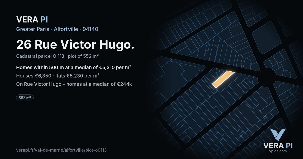 26 Rue Victor Hugo, Alfortville at night – the plot lit, the parcels around coloured by the prices near them