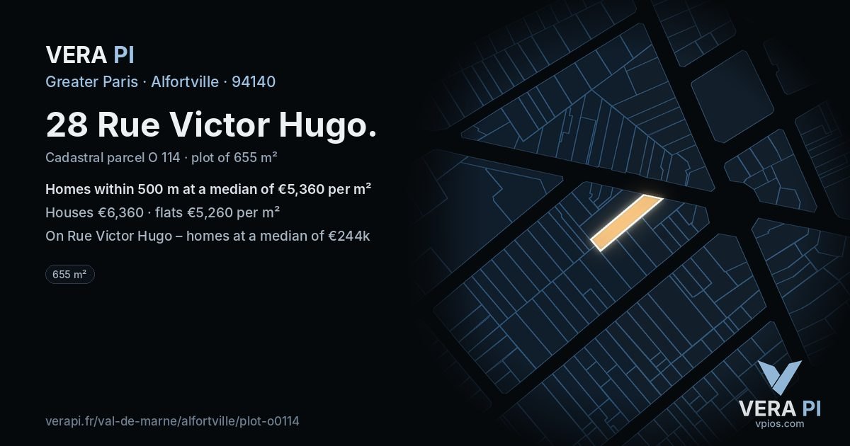 28 Rue Victor Hugo, Alfortville at night – the plot lit, the parcels around coloured by the prices near them