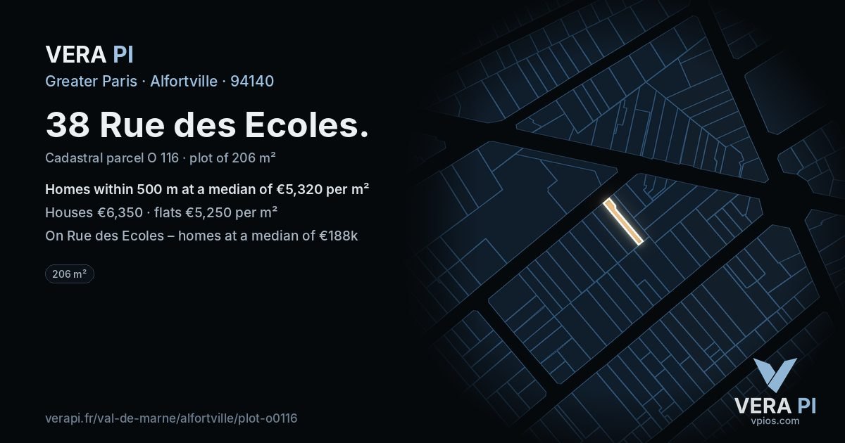 38 Rue des Ecoles, Alfortville at night – the plot lit, the parcels around coloured by the prices near them