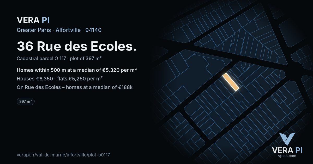 36 Rue des Ecoles, Alfortville at night – the plot lit, the parcels around coloured by the prices near them