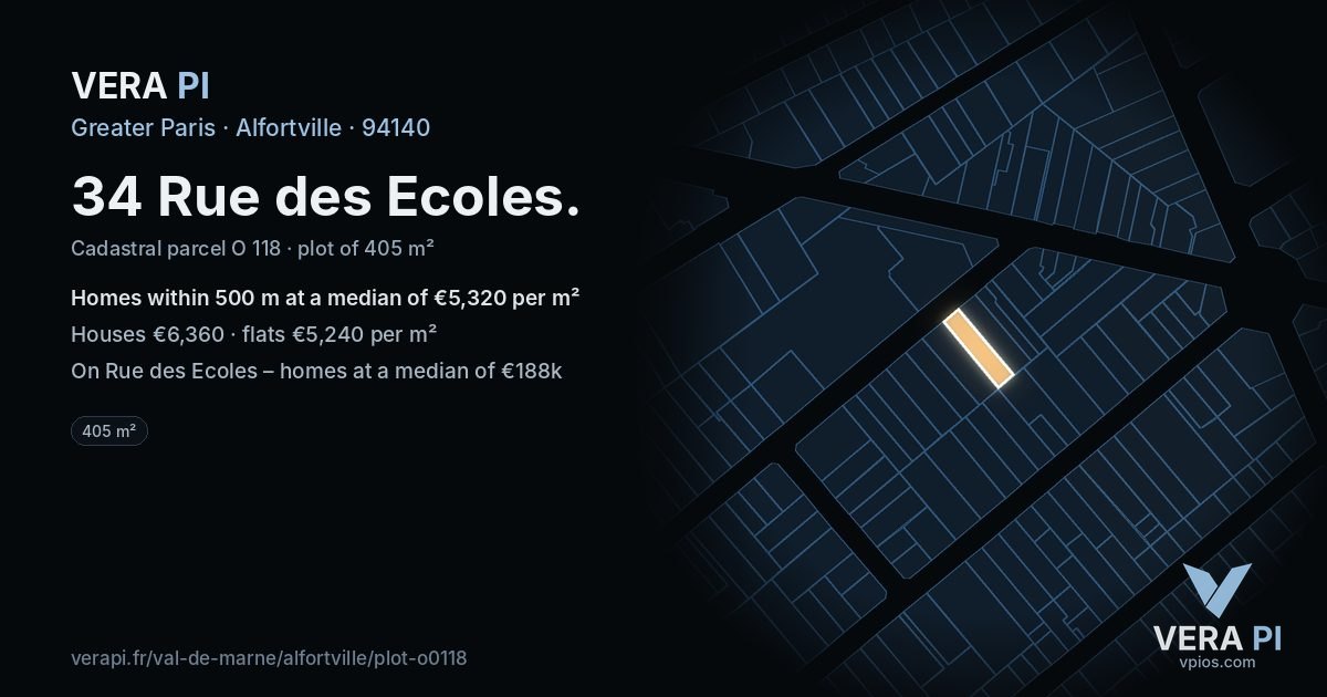 34 Rue des Ecoles, Alfortville at night – the plot lit, the parcels around coloured by the prices near them