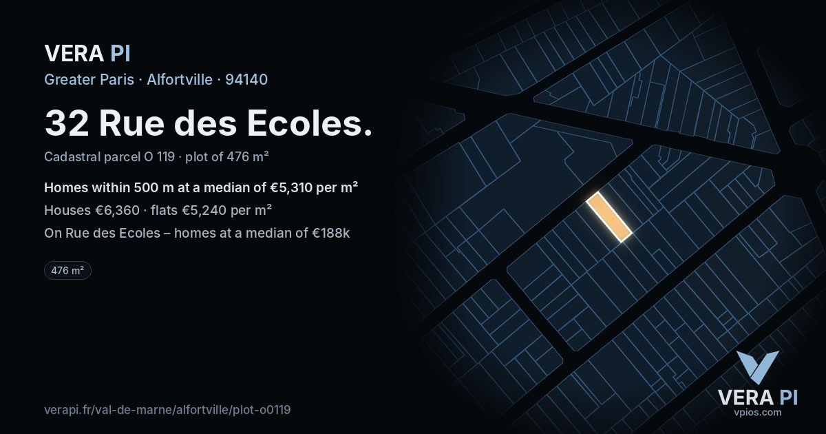 32 Rue des Ecoles, Alfortville at night – the plot lit, the parcels around coloured by the prices near them