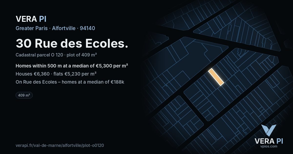 30 Rue des Ecoles, Alfortville at night – the plot lit, the parcels around coloured by the prices near them