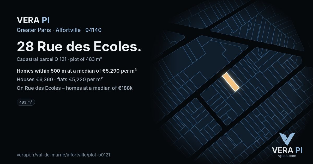 28 Rue des Ecoles, Alfortville at night – the plot lit, the parcels around coloured by the prices near them
