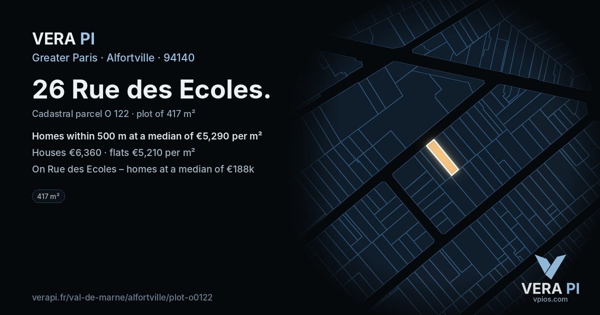 26 Rue des Ecoles, Alfortville at night – the plot lit, the parcels around coloured by the prices near them