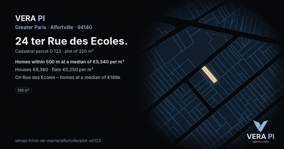 24 ter Rue des Ecoles, Alfortville at night – the plot lit, the parcels around coloured by the prices near them