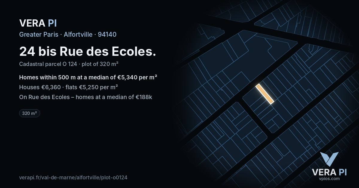 24 bis Rue des Ecoles, Alfortville at night – the plot lit, the parcels around coloured by the prices near them