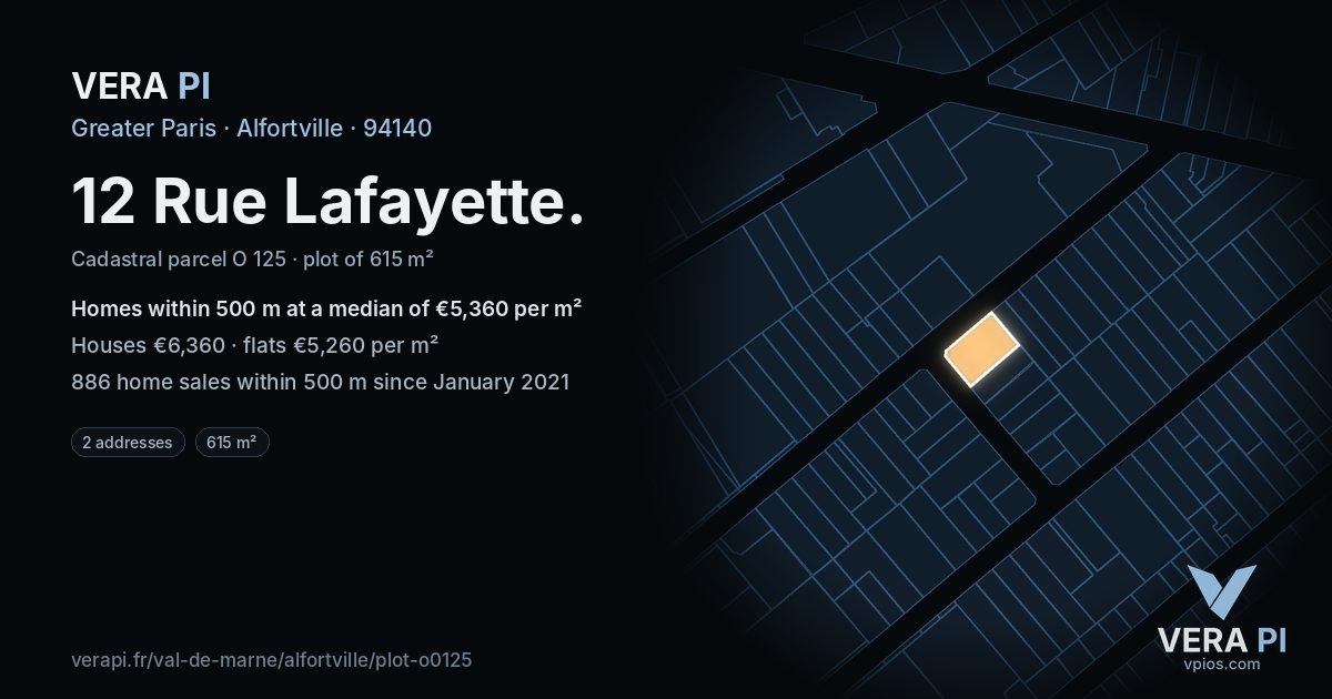 12 Rue Lafayette, Alfortville at night – the plot lit, the parcels around coloured by the prices near them