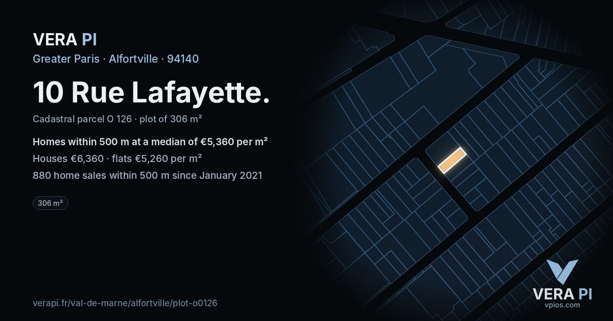10 Rue Lafayette, Alfortville at night – the plot lit, the parcels around coloured by the prices near them