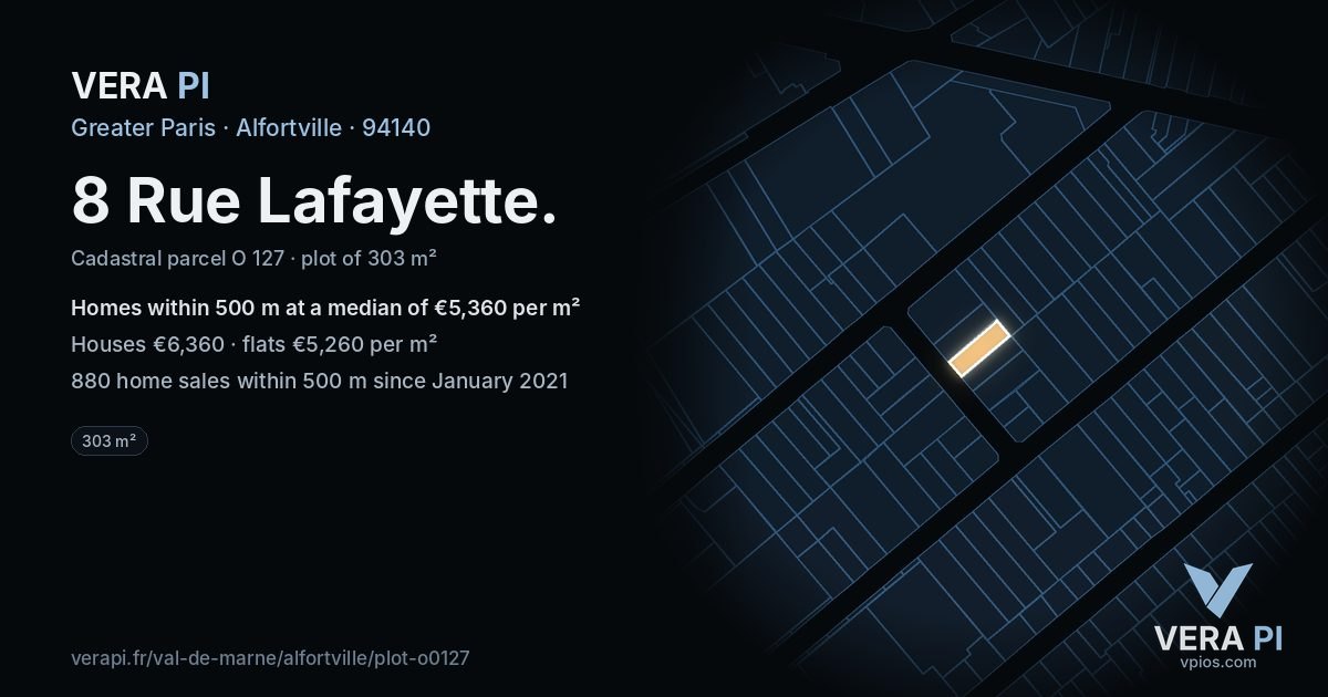 8 Rue Lafayette, Alfortville at night – the plot lit, the parcels around coloured by the prices near them