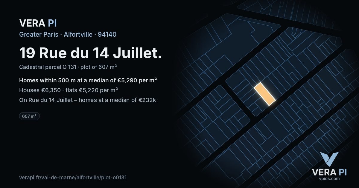 19 Rue du 14 Juillet, Alfortville at night – the plot lit, the parcels around coloured by the prices near them