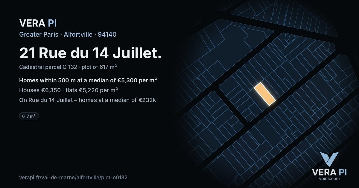 21 Rue du 14 Juillet, Alfortville at night – the plot lit, the parcels around coloured by the prices near them
