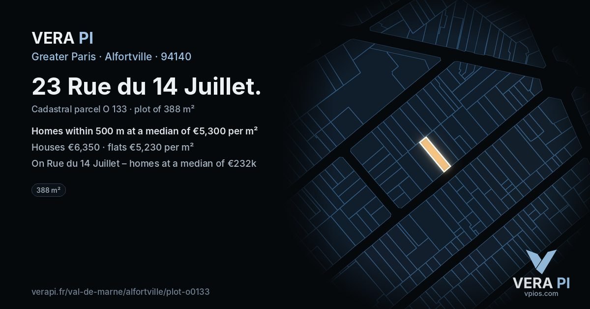 23 Rue du 14 Juillet, Alfortville at night – the plot lit, the parcels around coloured by the prices near them