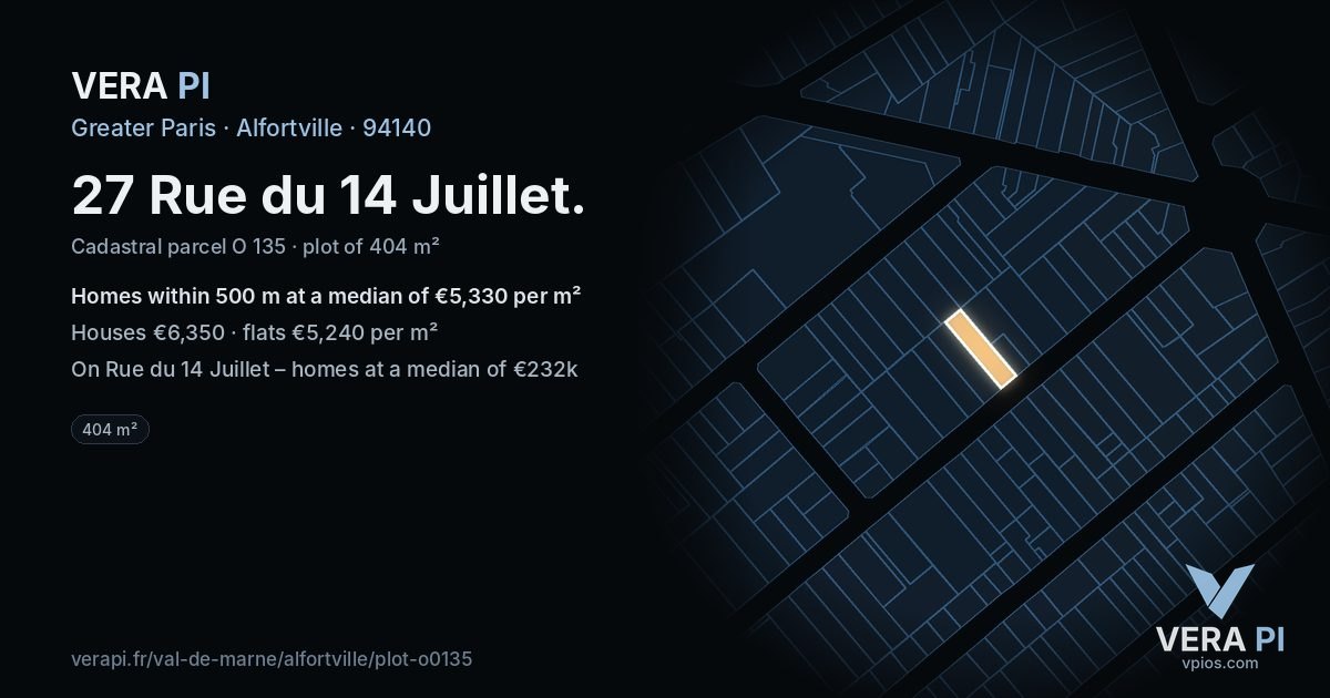 27 Rue du 14 Juillet, Alfortville at night – the plot lit, the parcels around coloured by the prices near them