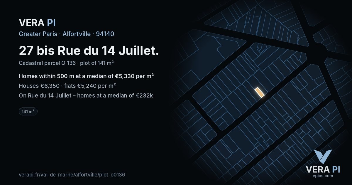 27 bis Rue du 14 Juillet, Alfortville at night – the plot lit, the parcels around coloured by the prices near them