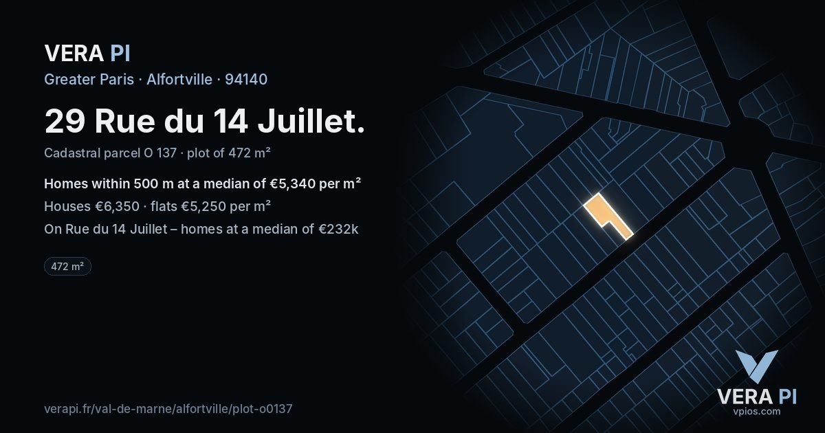 29 Rue du 14 Juillet, Alfortville at night – the plot lit, the parcels around coloured by the prices near them