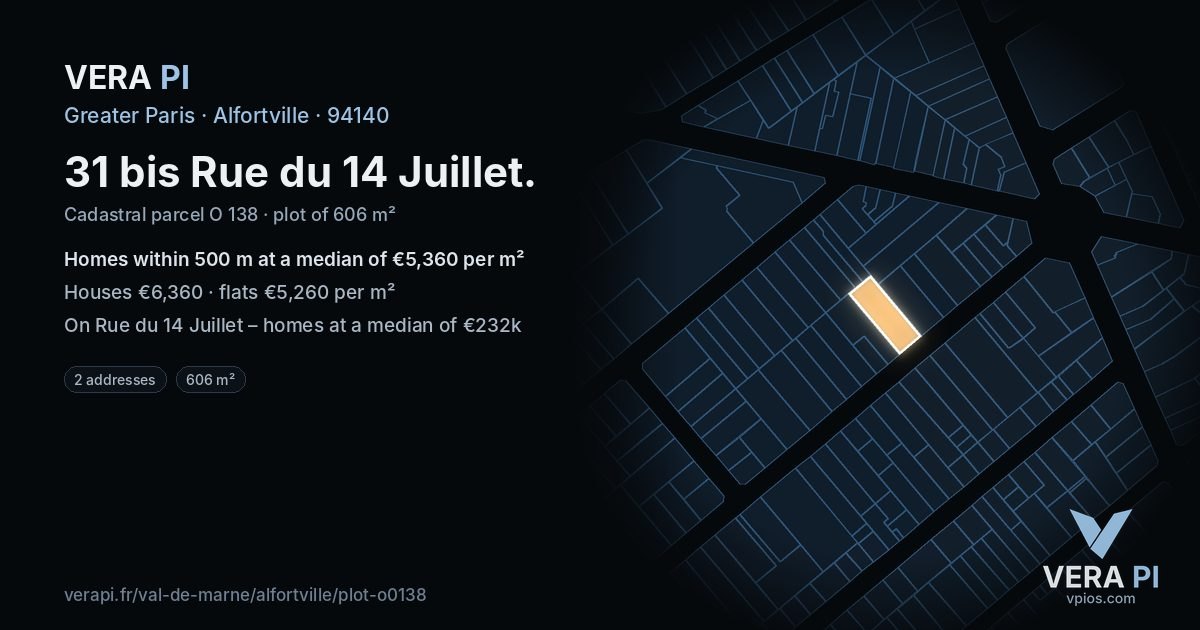 31 bis Rue du 14 Juillet, Alfortville at night – the plot lit, the parcels around coloured by the prices near them