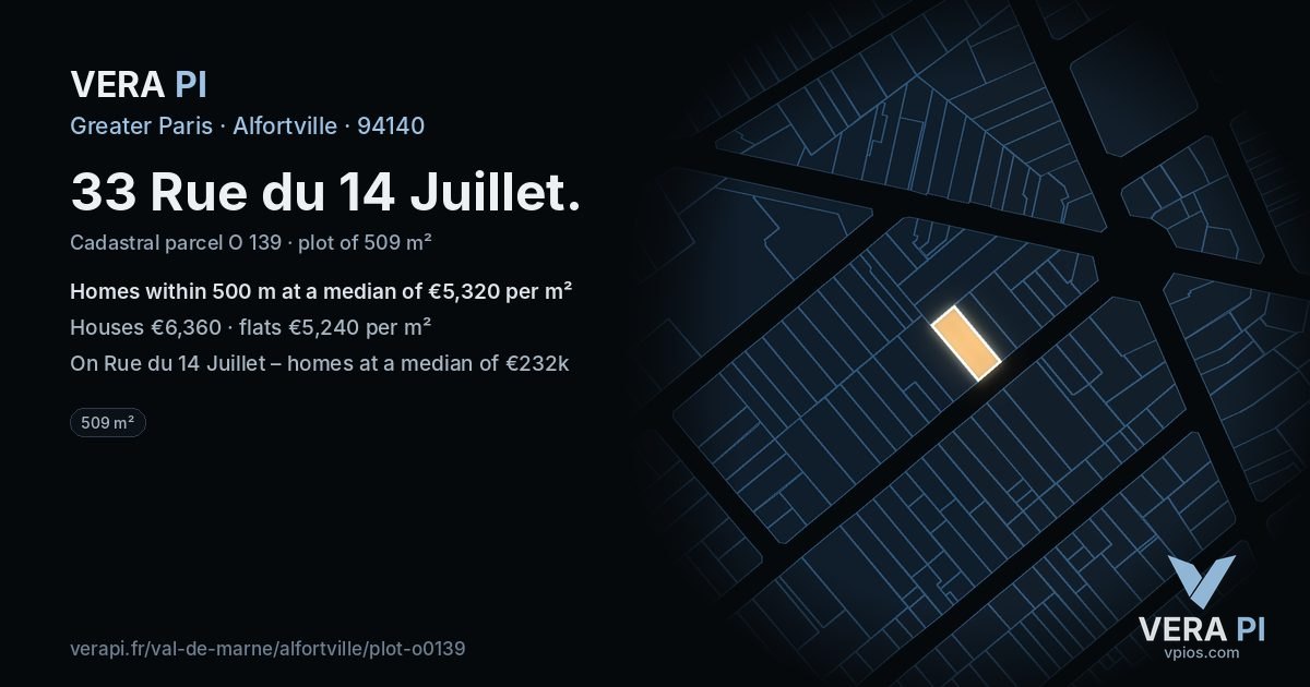 33 Rue du 14 Juillet, Alfortville at night – the plot lit, the parcels around coloured by the prices near them