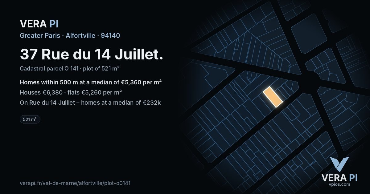 37 Rue du 14 Juillet, Alfortville at night – the plot lit, the parcels around coloured by the prices near them