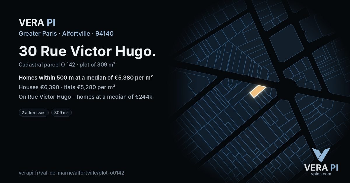 30 Rue Victor Hugo, Alfortville at night – the plot lit, the parcels around coloured by the prices near them