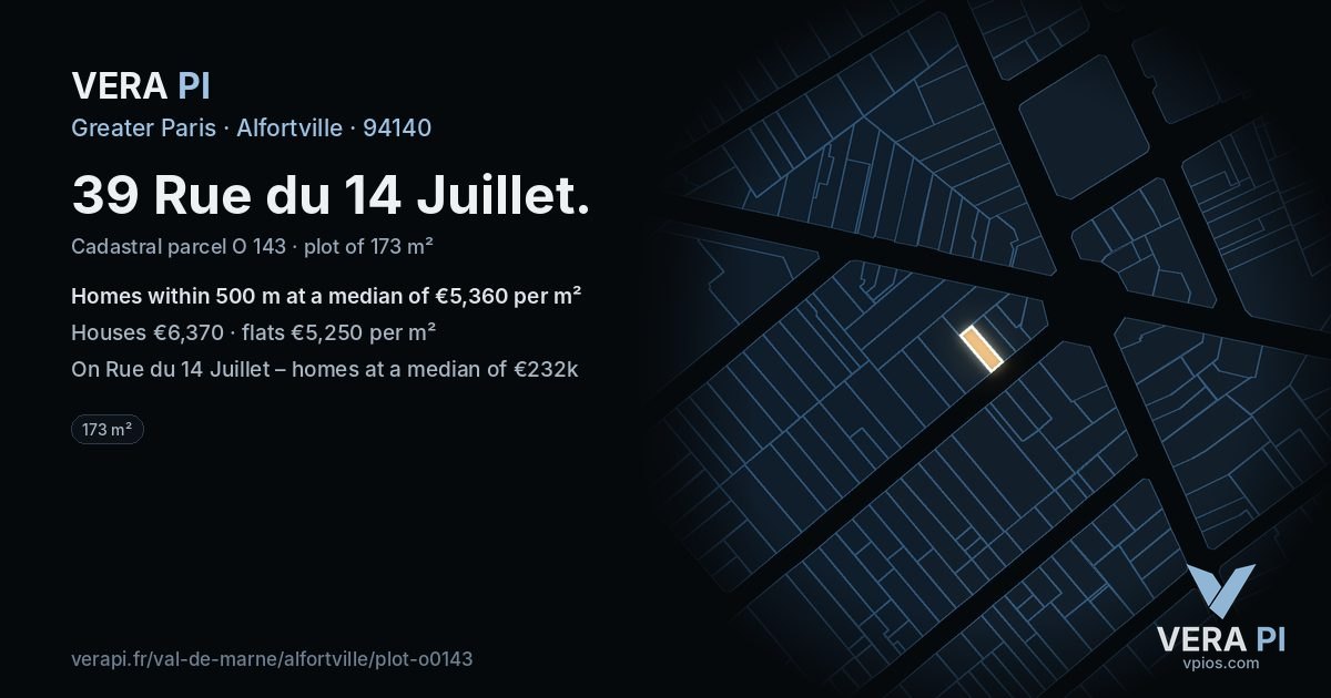 39 Rue du 14 Juillet, Alfortville at night – the plot lit, the parcels around coloured by the prices near them