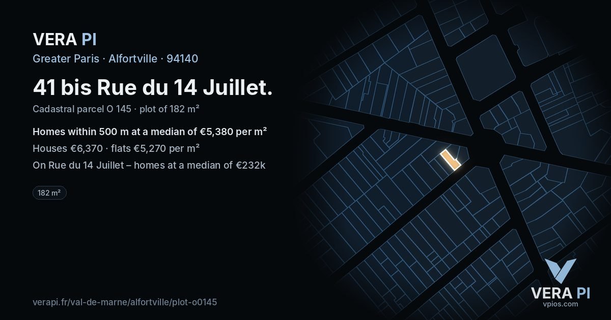 41 bis Rue du 14 Juillet, Alfortville at night – the plot lit, the parcels around coloured by the prices near them