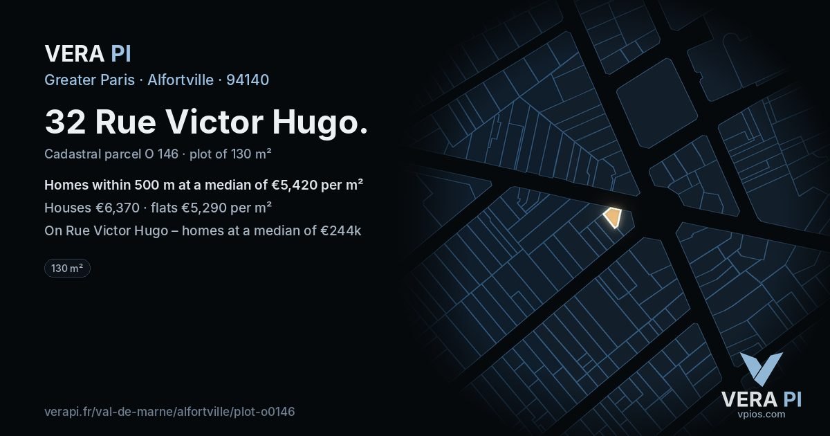 32 Rue Victor Hugo, Alfortville at night – the plot lit, the parcels around coloured by the prices near them