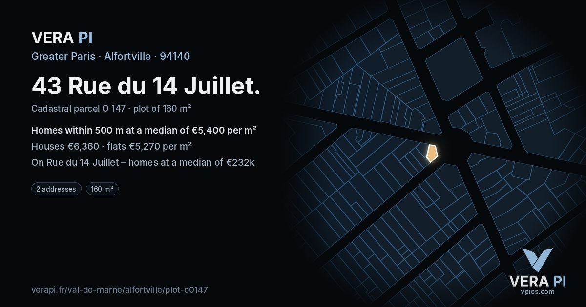 43 Rue du 14 Juillet, Alfortville at night – the plot lit, the parcels around coloured by the prices near them