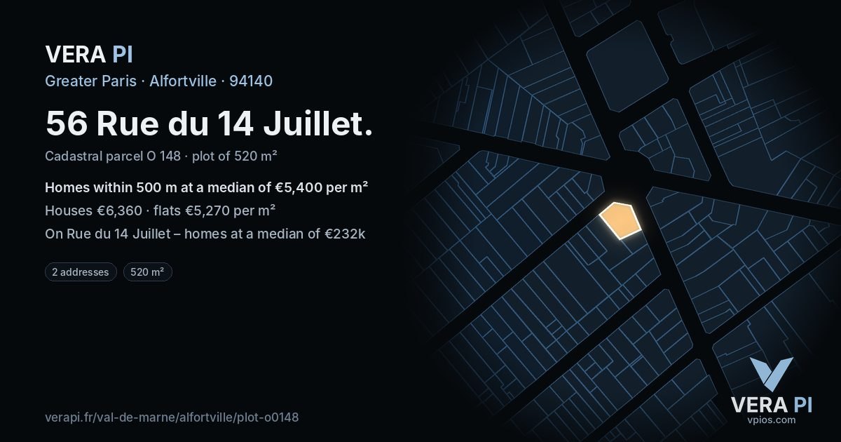 56 Rue du 14 Juillet, Alfortville at night – the plot lit, the parcels around coloured by the prices near them