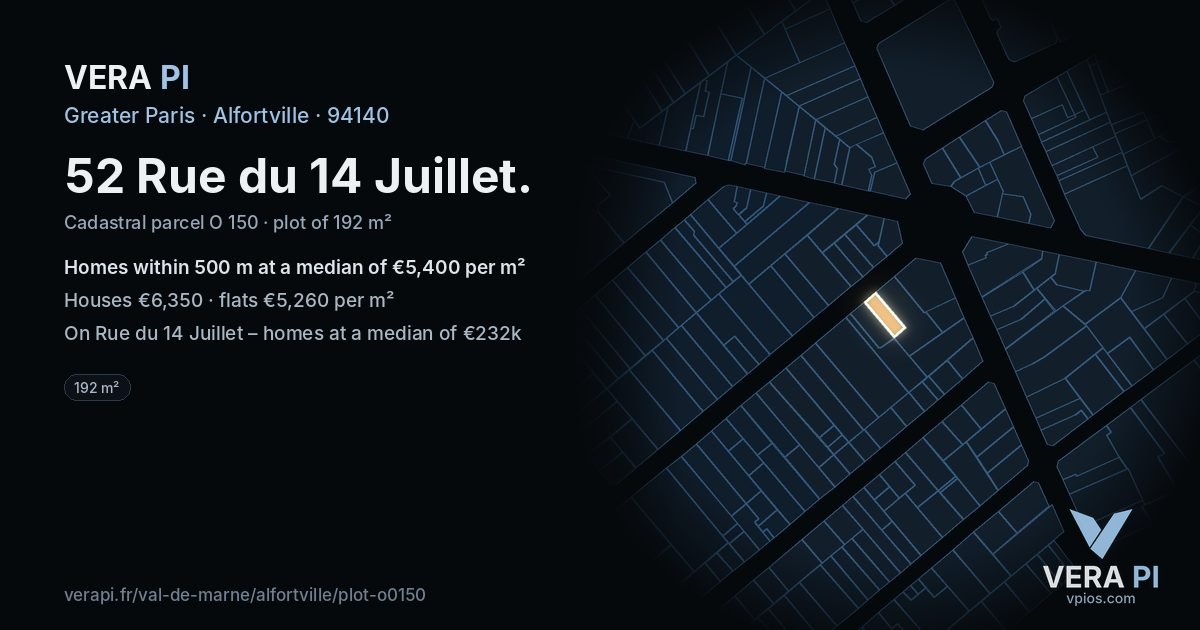 52 Rue du 14 Juillet, Alfortville at night – the plot lit, the parcels around coloured by the prices near them
