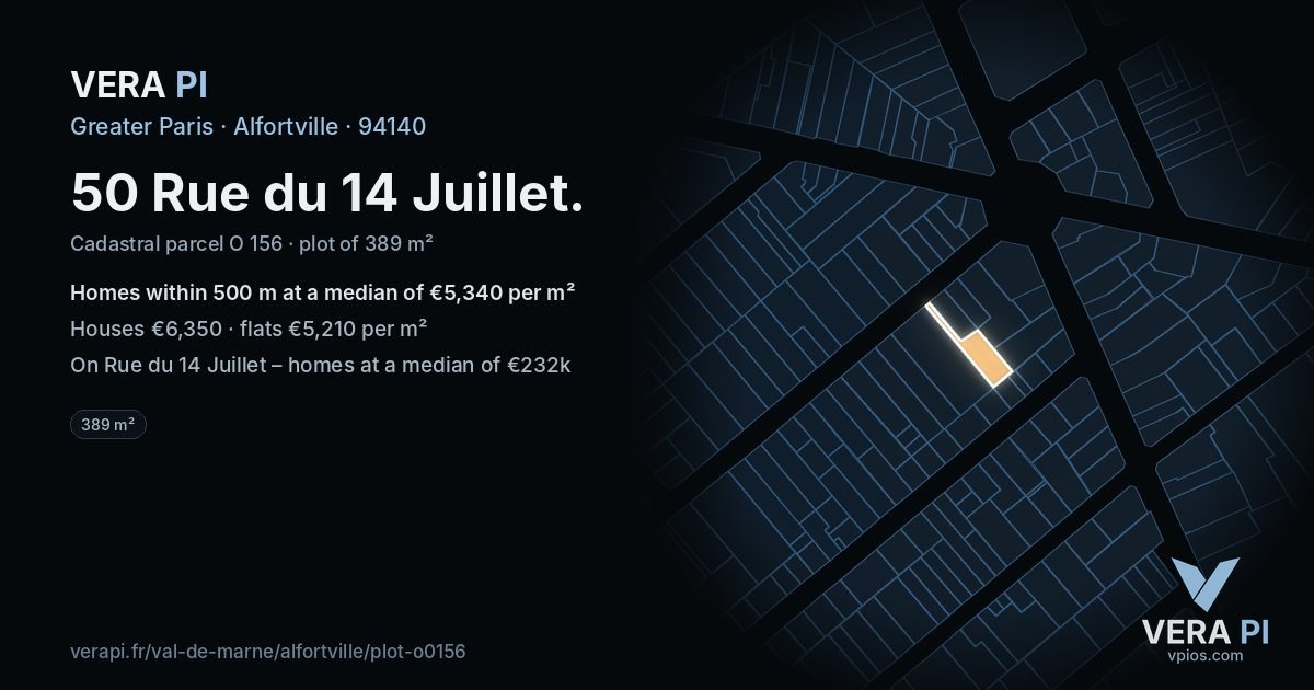 50 Rue du 14 Juillet, Alfortville at night – the plot lit, the parcels around coloured by the prices near them