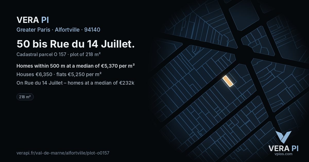 50 bis Rue du 14 Juillet, Alfortville at night – the plot lit, the parcels around coloured by the prices near them