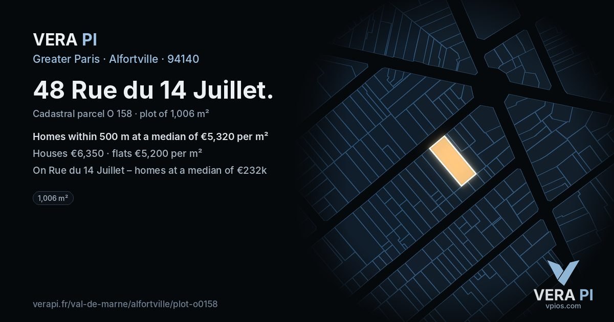48 Rue du 14 Juillet, Alfortville at night – the plot lit, the parcels around coloured by the prices near them