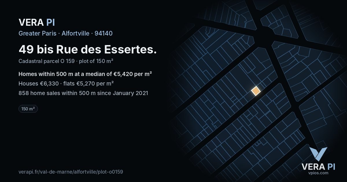49 bis Rue des Essertes, Alfortville at night – the plot lit, the parcels around coloured by the prices near them