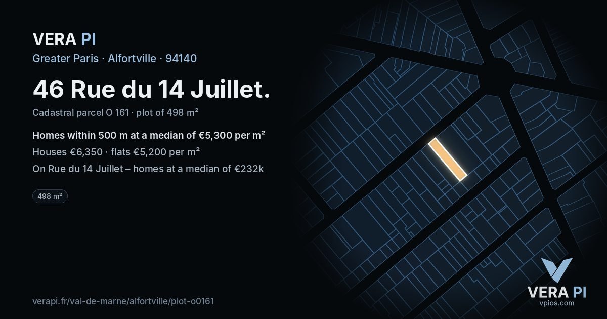 46 Rue du 14 Juillet, Alfortville at night – the plot lit, the parcels around coloured by the prices near them