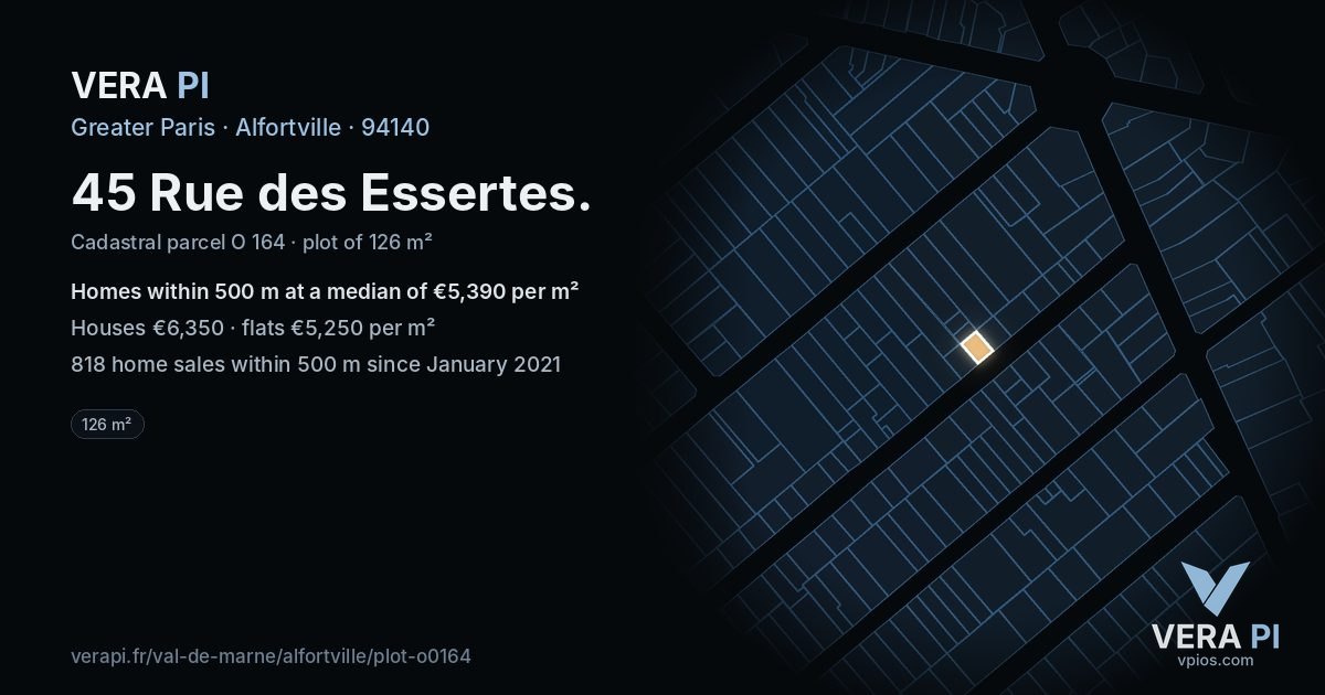 45 Rue des Essertes, Alfortville at night – the plot lit, the parcels around coloured by the prices near them