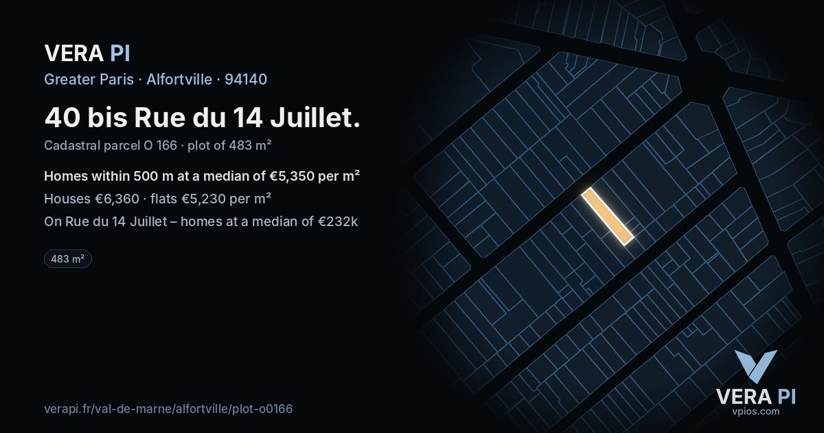 40 bis Rue du 14 Juillet, Alfortville at night – the plot lit, the parcels around coloured by the prices near them