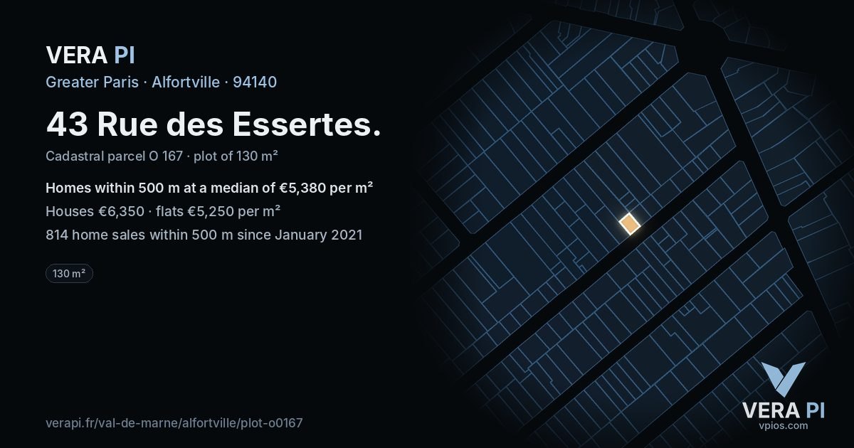 43 Rue des Essertes, Alfortville at night – the plot lit, the parcels around coloured by the prices near them