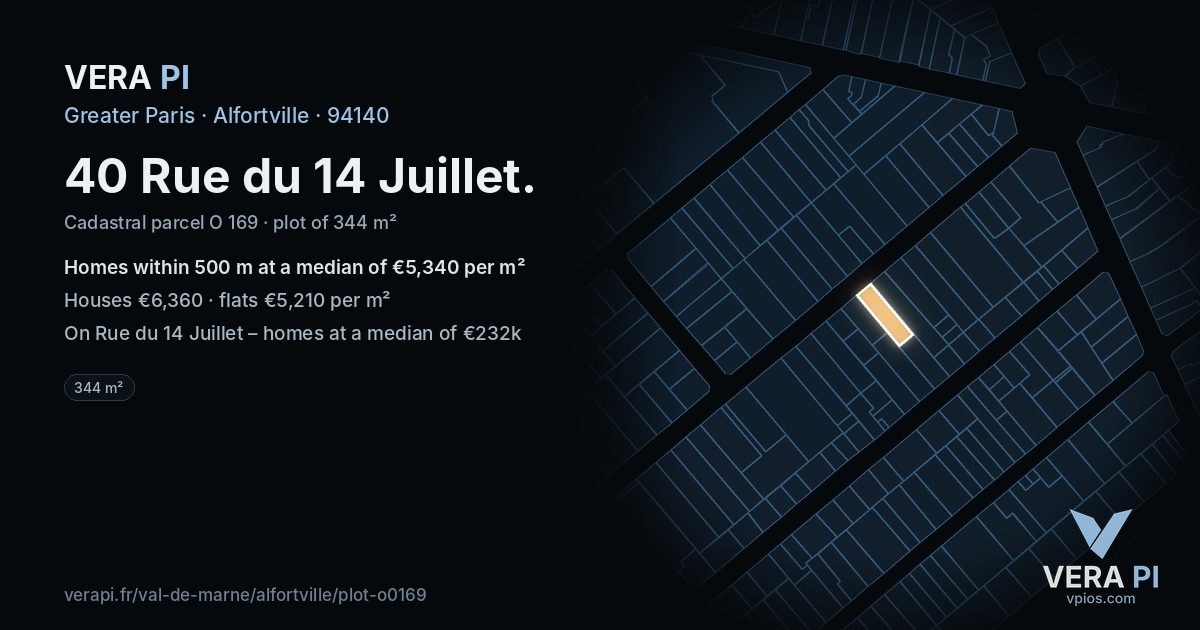 40 Rue du 14 Juillet, Alfortville at night – the plot lit, the parcels around coloured by the prices near them