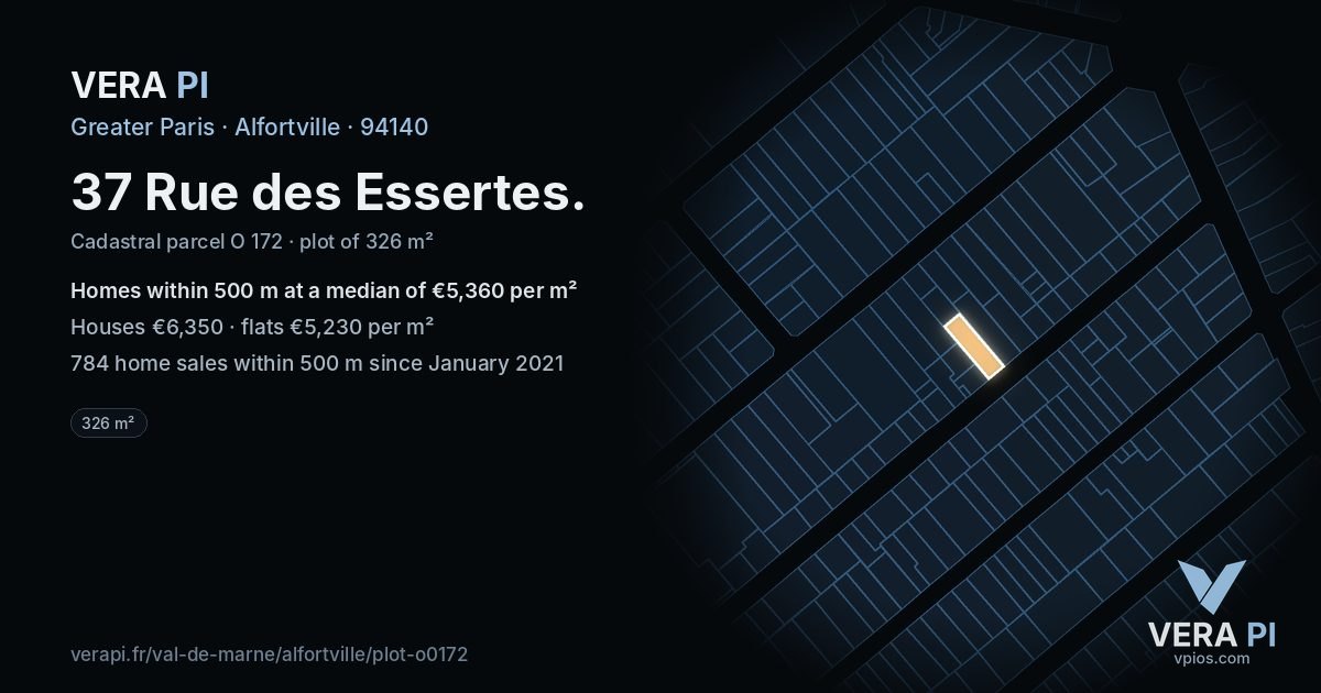 37 Rue des Essertes, Alfortville at night – the plot lit, the parcels around coloured by the prices near them