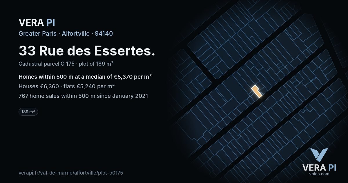 33 Rue des Essertes, Alfortville at night – the plot lit, the parcels around coloured by the prices near them