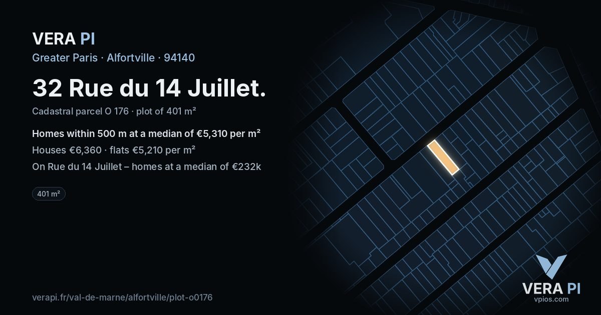 32 Rue du 14 Juillet, Alfortville at night – the plot lit, the parcels around coloured by the prices near them