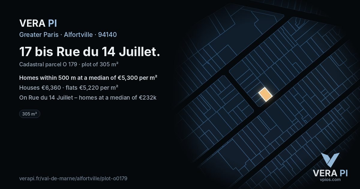 17 bis Rue du 14 Juillet, Alfortville at night – the plot lit, the parcels around coloured by the prices near them