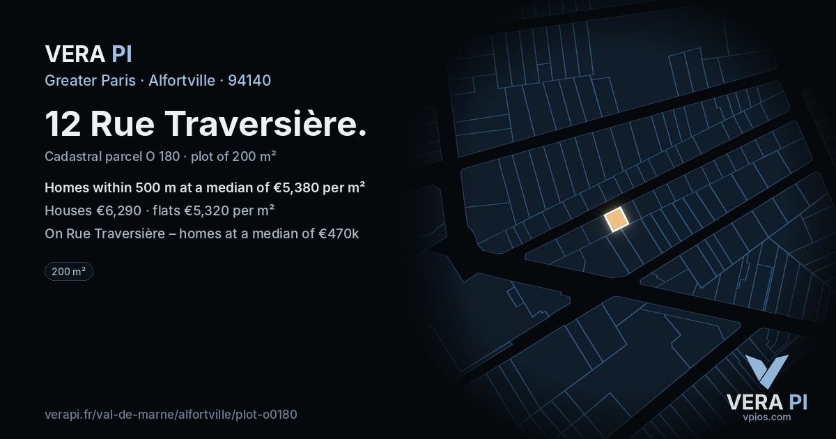 12 Rue Traversière, Alfortville at night – the plot lit, the parcels around coloured by the prices near them