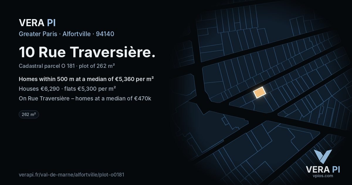 10 Rue Traversière, Alfortville at night – the plot lit, the parcels around coloured by the prices near them