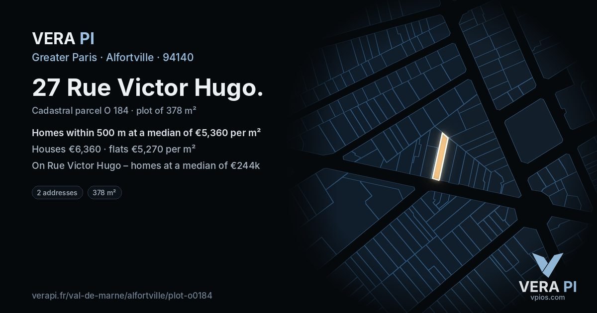 27 Rue Victor Hugo, Alfortville at night – the plot lit, the parcels around coloured by the prices near them