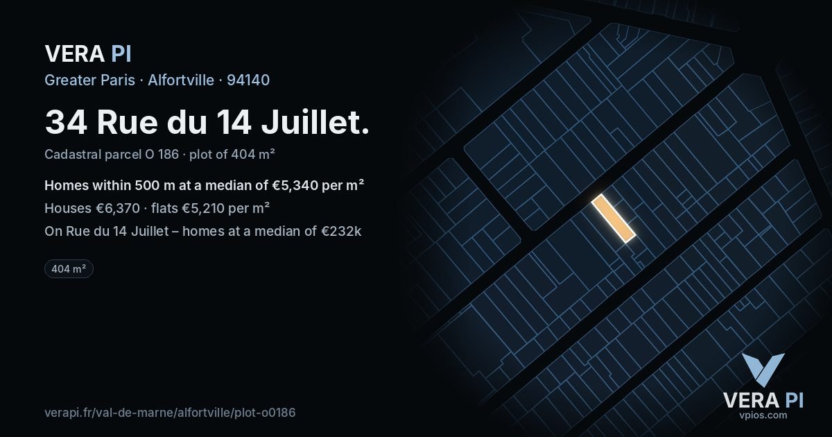 34 Rue du 14 Juillet, Alfortville at night – the plot lit, the parcels around coloured by the prices near them