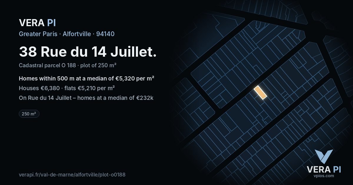 38 Rue du 14 Juillet, Alfortville at night – the plot lit, the parcels around coloured by the prices near them